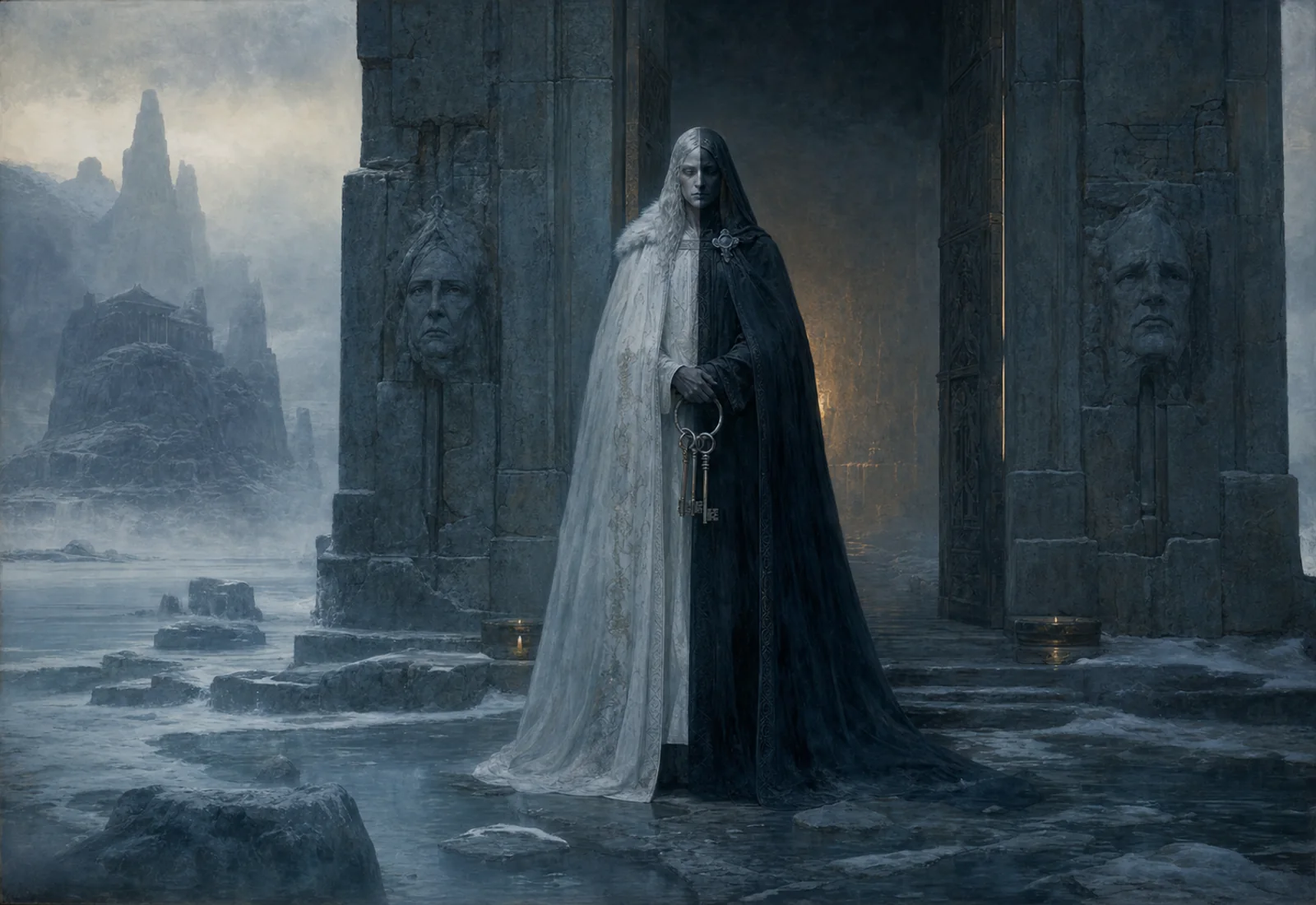 Archival-style cold underworld plate for Hel with a pale threshold figure, stone doorway, frost, mist, and quiet realm studies.