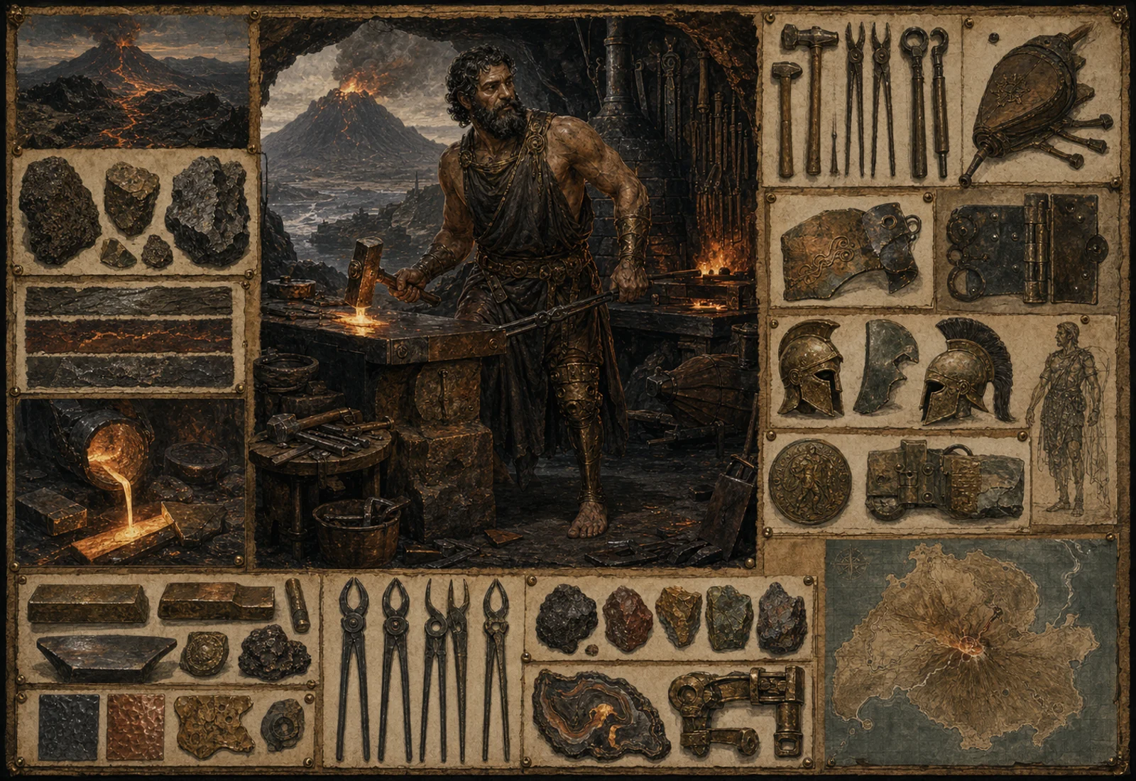 Archival-style forge plate for Hephaestus with smith, anvil, tools, bronze devices, coal, sparks, and workshop studies.