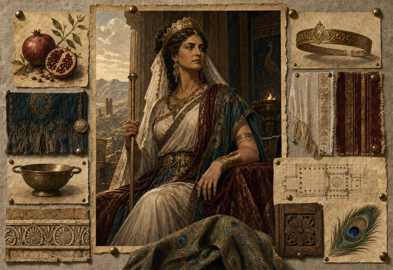 Archive reference plate of Hera with queenly regalia, pomegranate, peacock feather, and palace studies.