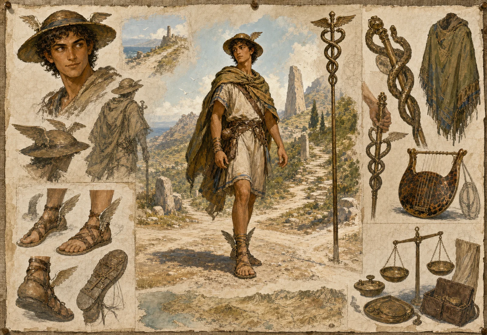 Archive reference plate of Hermes with road markers, sandals, messenger gear, and threshold studies.