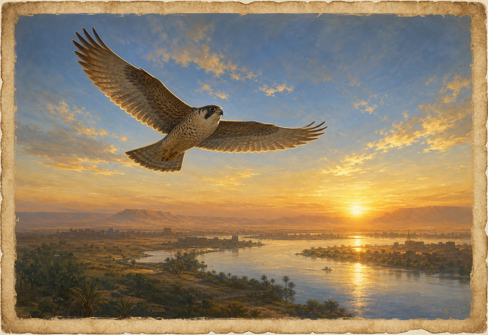 Archival-style Nile sky plate for Horus with a falcon in flight, sunrise, river valley, palace horizon, and kingship studies.
