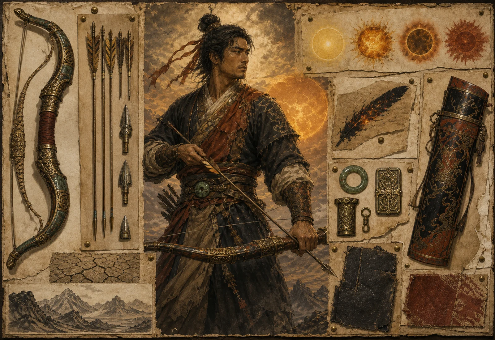Archive reference plate of Hou Yi with bow, arrows, sun discs, mountain horizon, and celestial rescue studies.