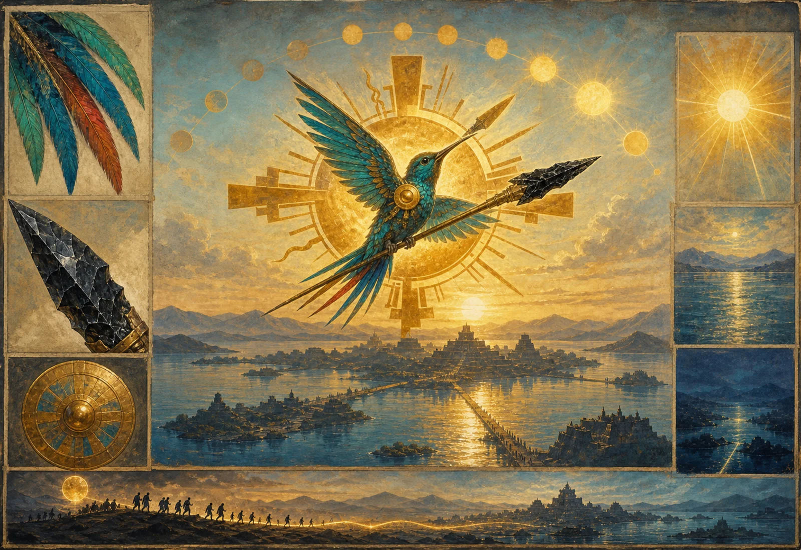 Archival-style solar-war plate for Huitzilopochtli with hummingbird, sun, shield, mountain, and abstract feather studies.
