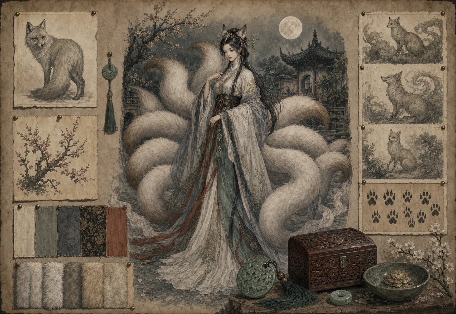 Archival-style fox-spirit plate for Huli jing with moonlit fox tails, robed figure, ink-wash forest, charm object, and den studies.