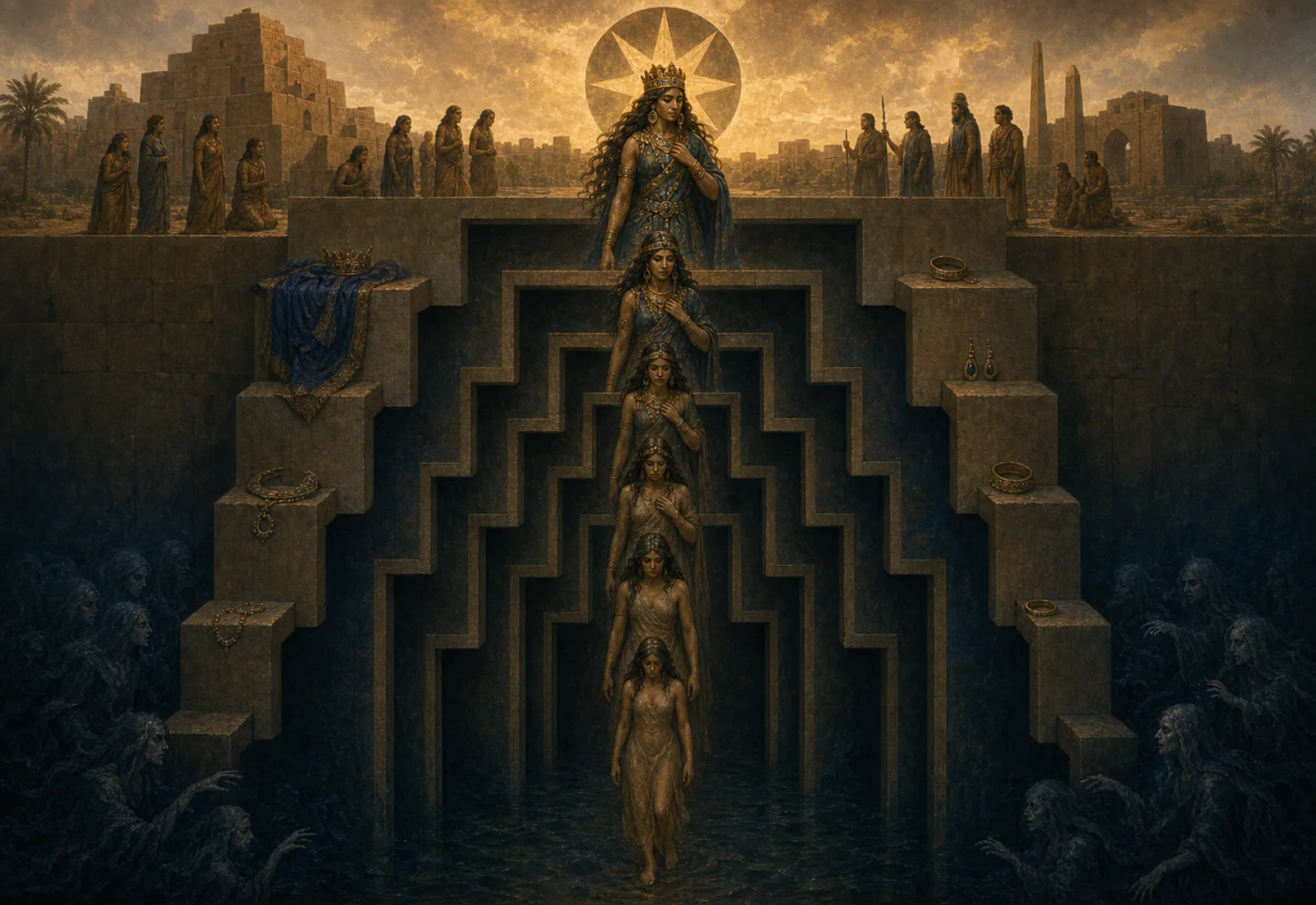 Archival-style stepped-gate plate for Inanna with star crown, temple descent, bronze light, procession silhouettes, and underworld studies.