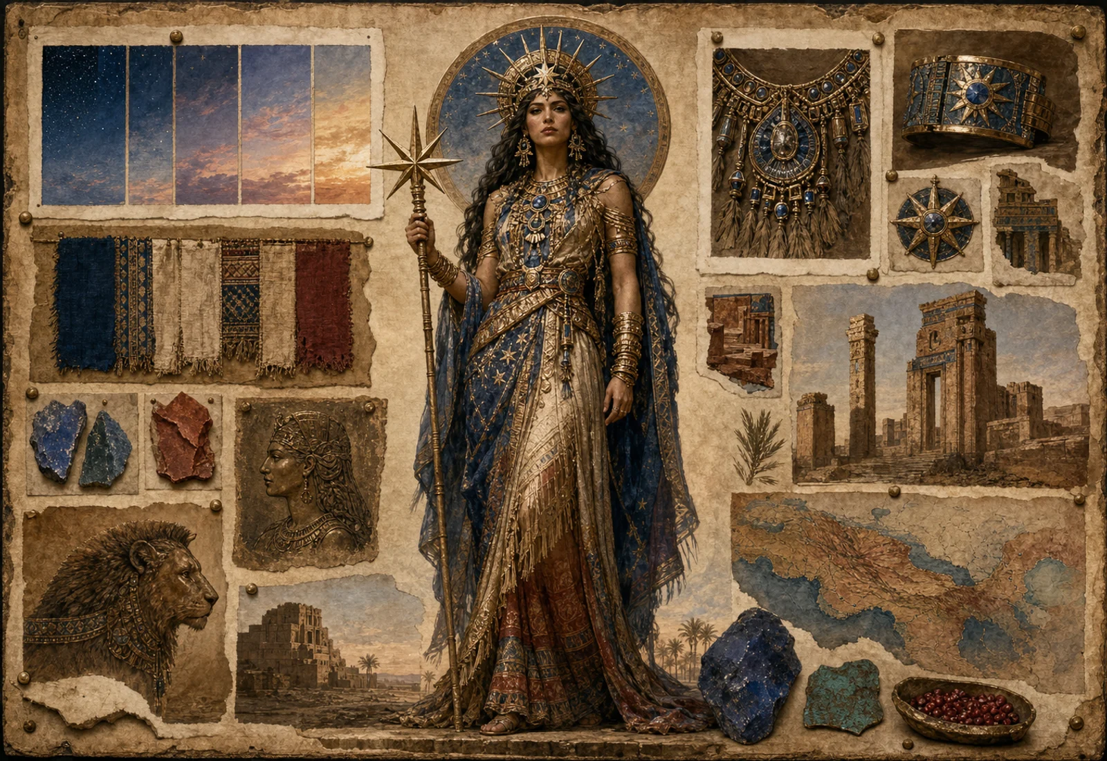 Archive reference plate of Ishtar with astral ornaments, lion and city fragments, and material studies.