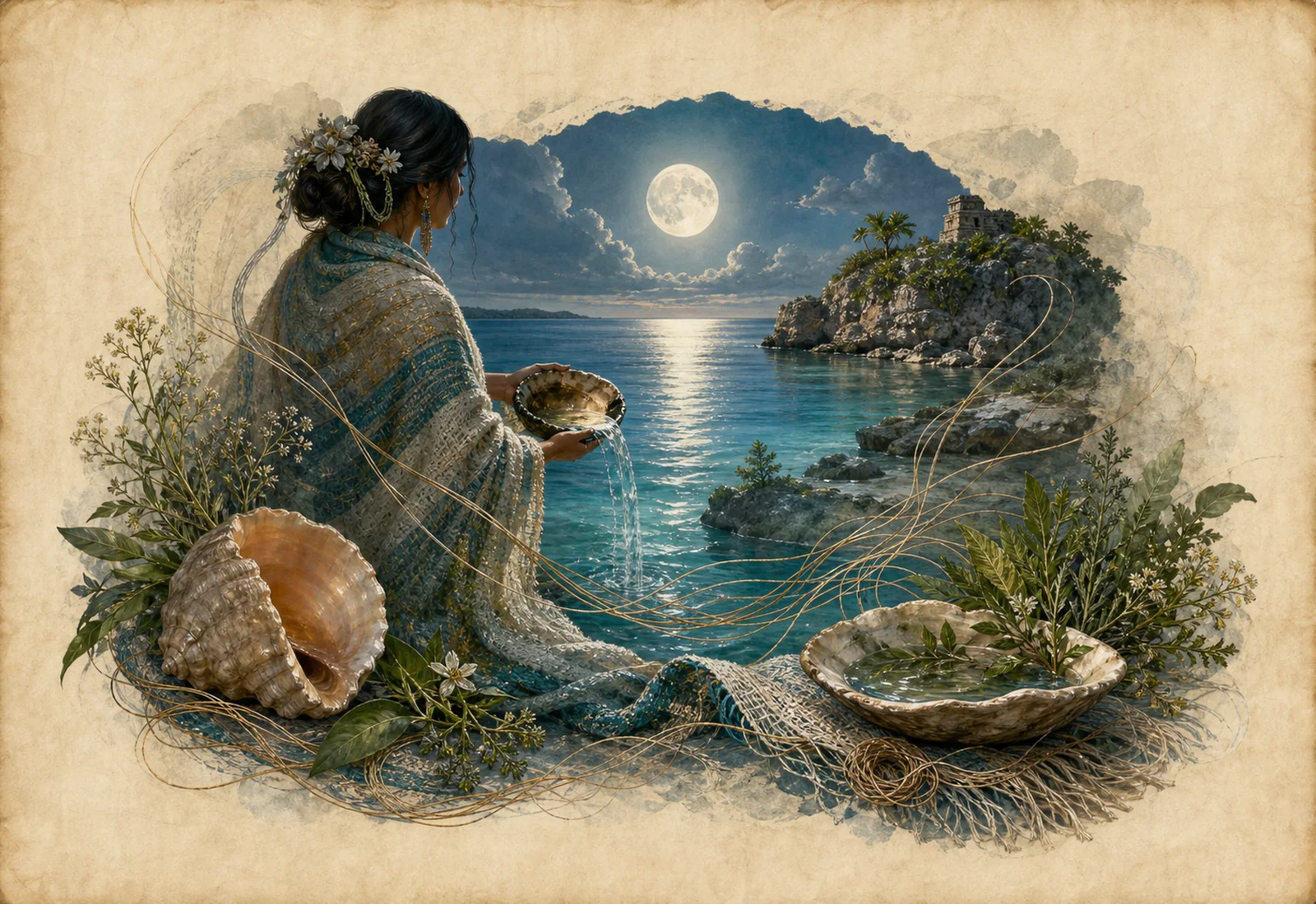 Archival-style moon-and-water plate for Ixchel with shell, woven threads, healing bowl, island shore, and lunar studies.
