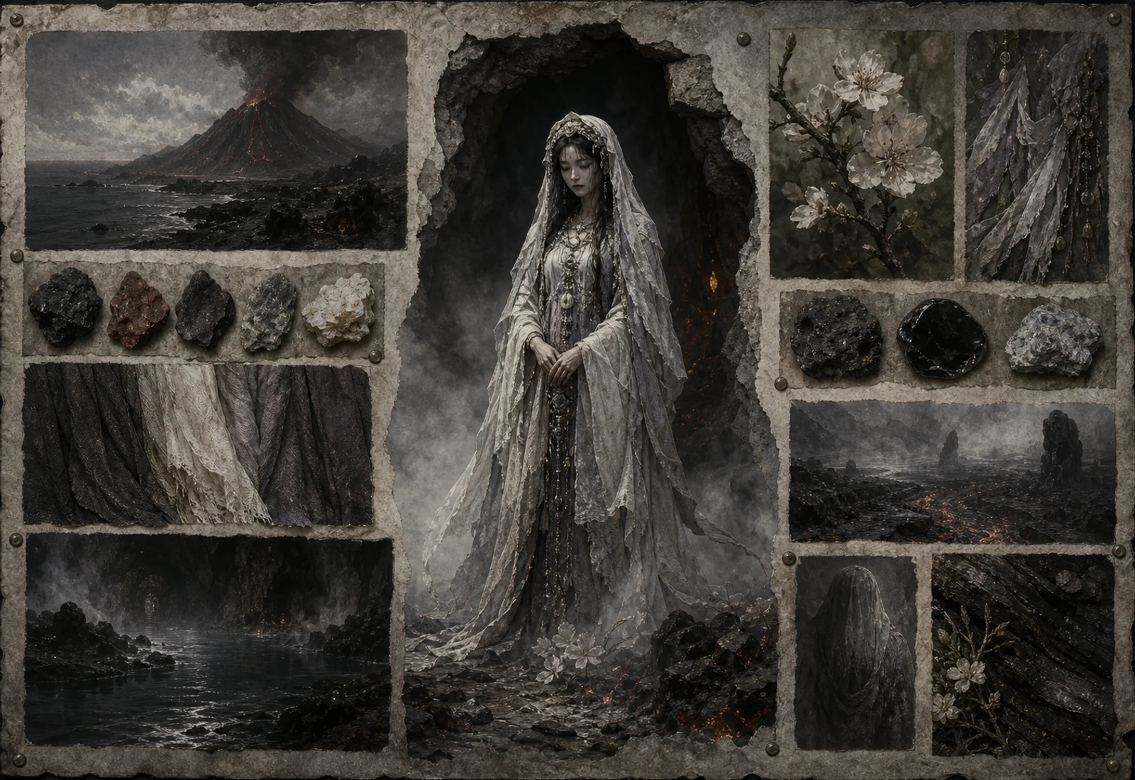Archive reference plate of Izanami in a pale Yomi underworld setting with volcanic and ash studies.