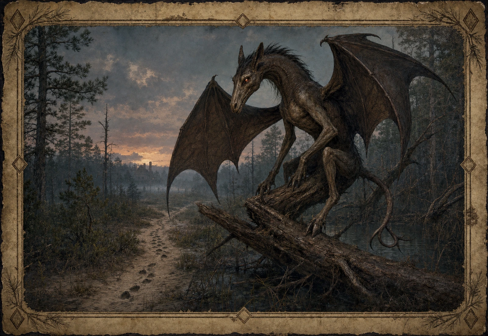 Archival-style Pine Barrens plate showing Jersey Devil as a winged omen with forest, hoof, wing, and night-road studies.