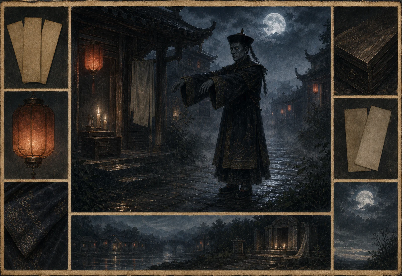 Archival-style moonlit alley plate showing Jiangshi through a stiff revenant silhouette, blank slips, robe, and stone studies.