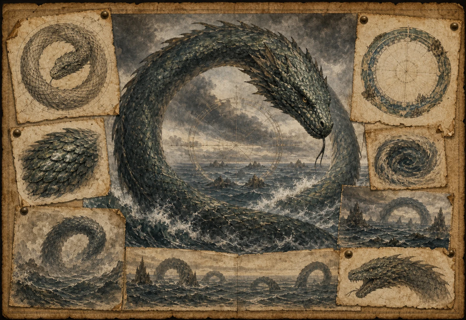 Archival-style illustration of Jormungandr as a world serpent coil around a faint compass ring.