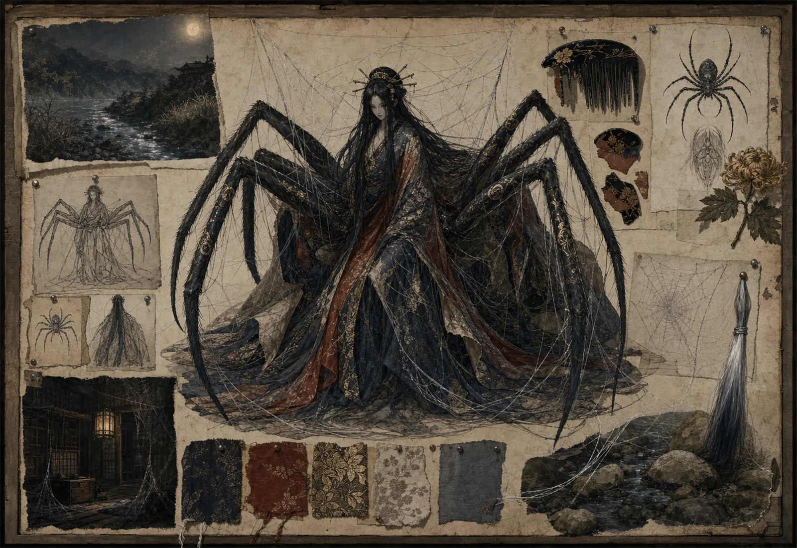 Archive reference plate of Jorogumo with spider anatomy, silk, old paper, and riverbank studies.