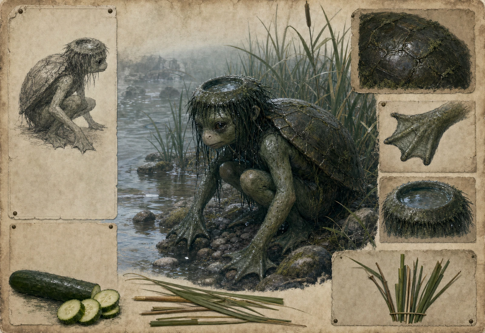 Archival-style river plate showing Kappa by reeds and water with shell, head-dish, cucumber, and riverbank studies.