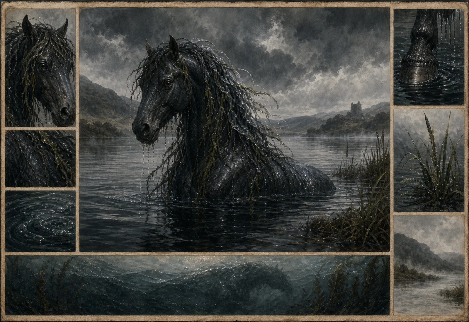 Archival-style Scottish water-horse plate showing Kelpie at a dark loch with wet mane, hoof, reed, and current studies.
