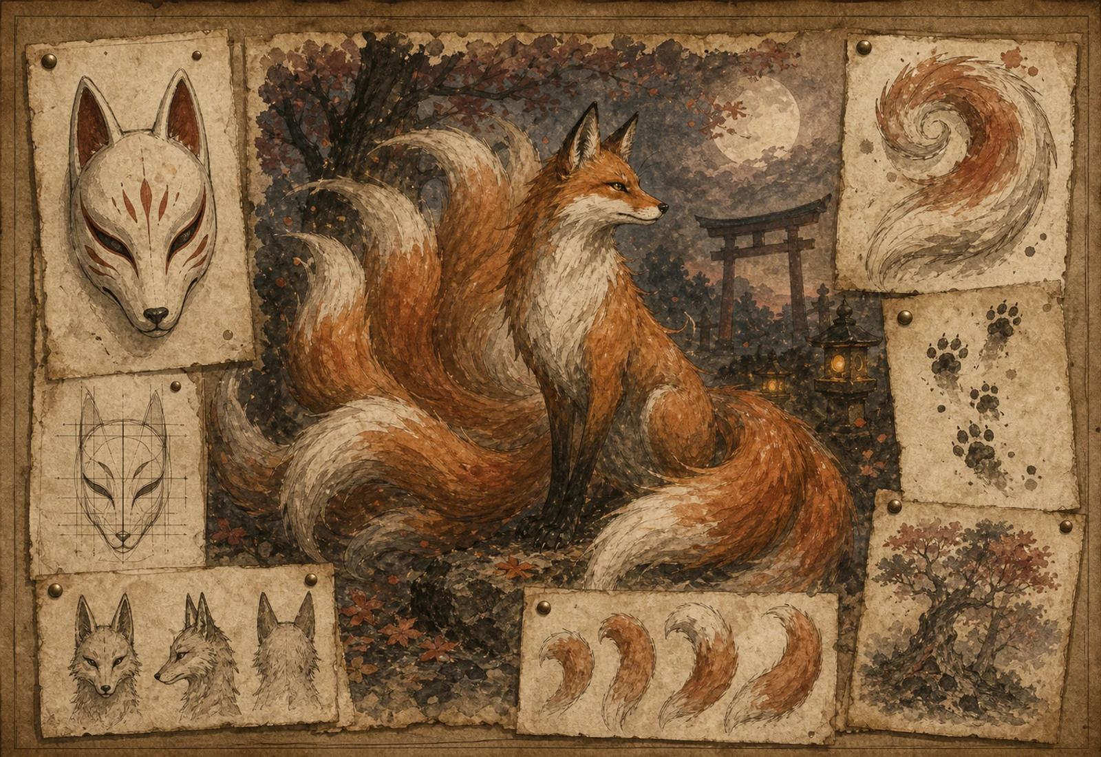 Archival-style illustration of a kitsune fox face with tall ears and layered tail arcs in warm vermilion tones.