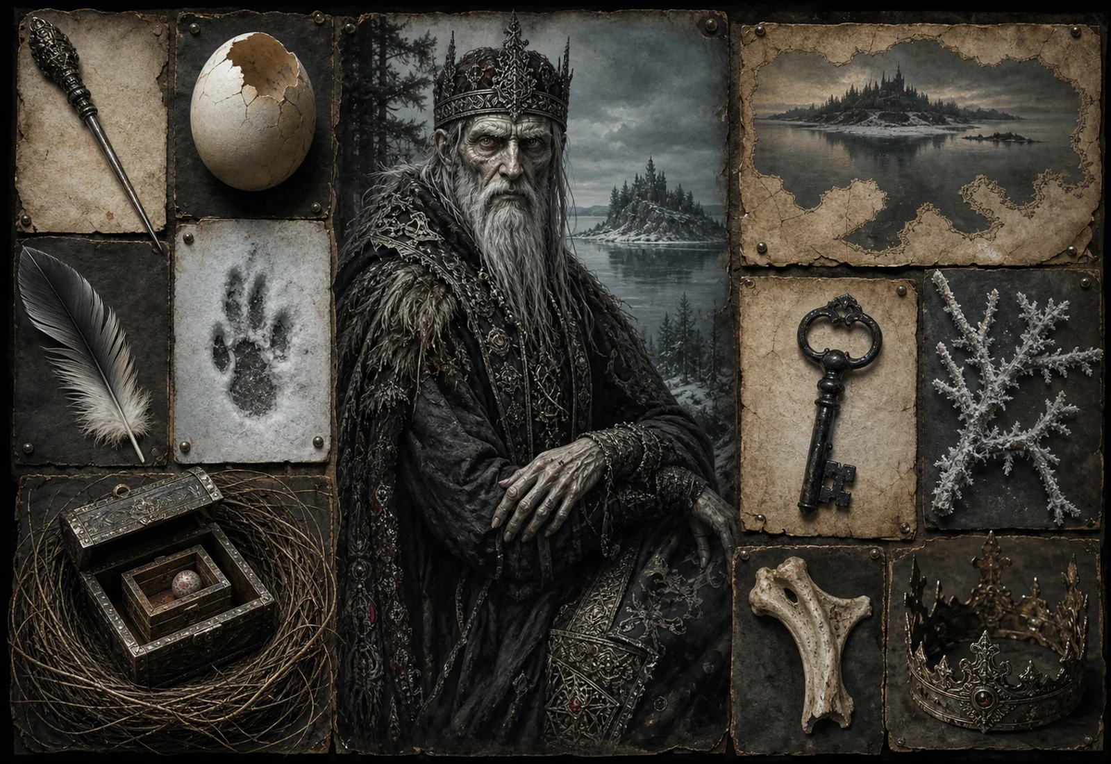 Archive reference plate of Koschei with a deathless figure, egg, needle, key, and winter studies.
