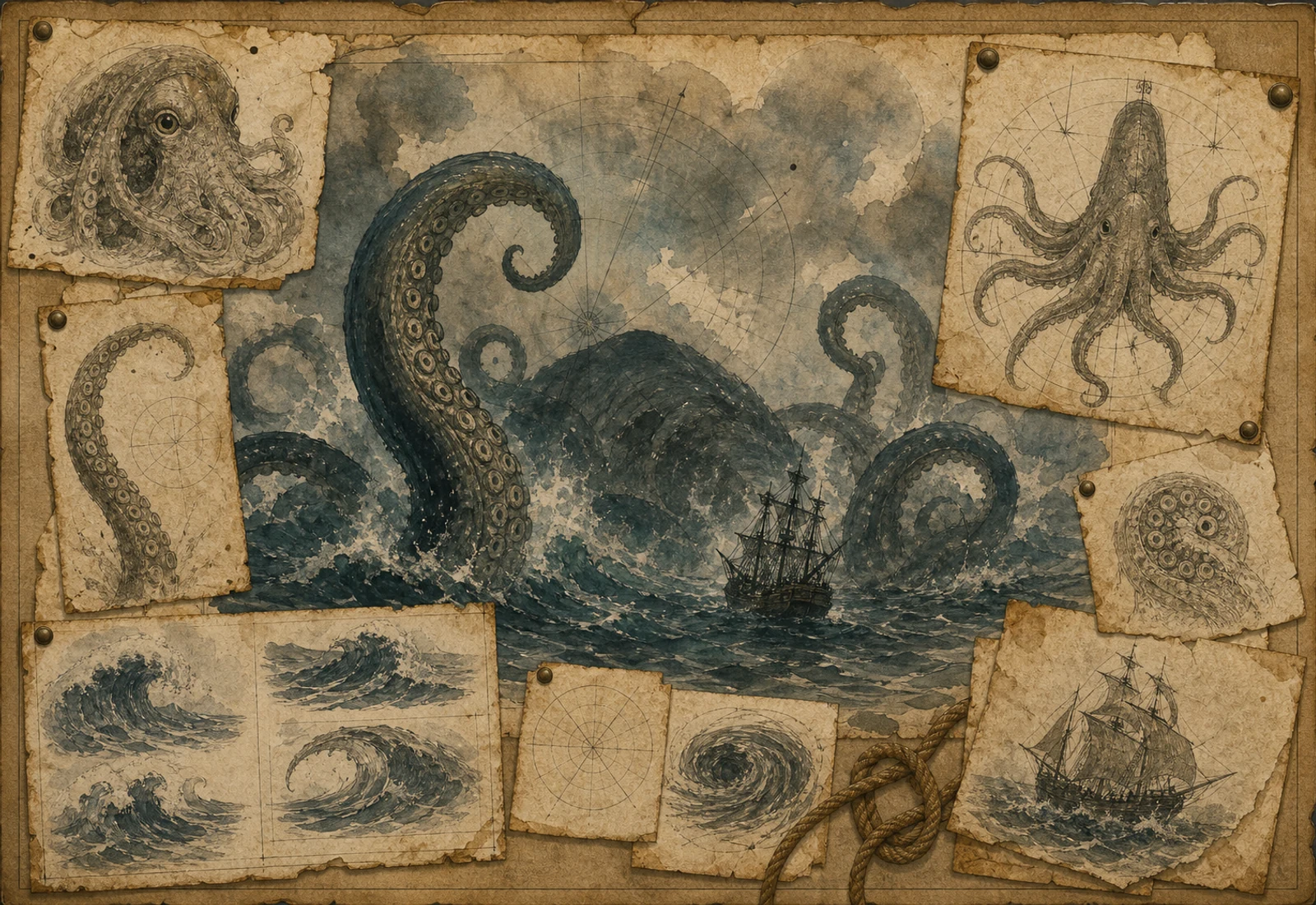 Archival-style maritime plate showing a kraken with broad tentacles rising over chart-like wave marks.