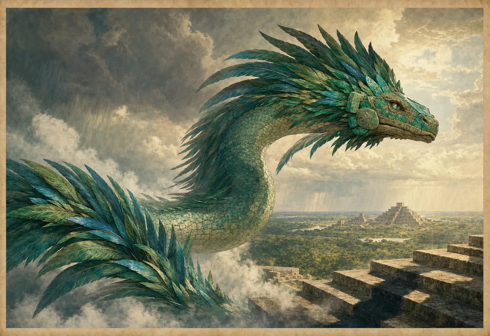 Archival-style sky-serpent plate for Kukulkan with green feathers, storm clouds, stepped architecture, and coastline studies.