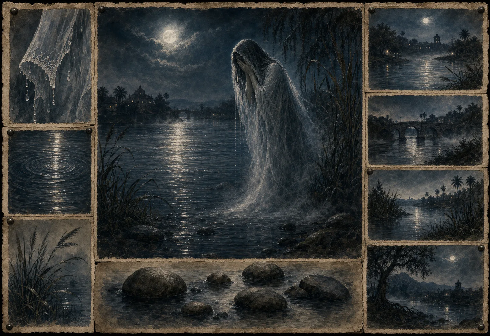 Archival-style moonlit river plate showing La Llorona as a veiled figure with water, reeds, and night landscape studies.