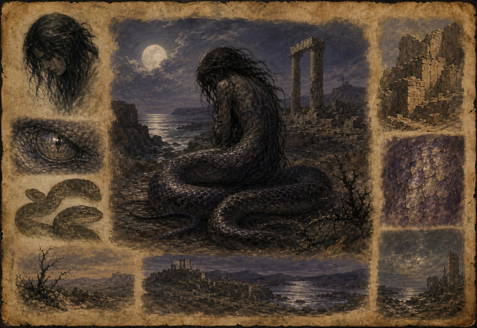 Archival-style moonlit plate showing Lamia through a restrained serpentine shadow, coast, ruin, scale, and desert-thorn studies.