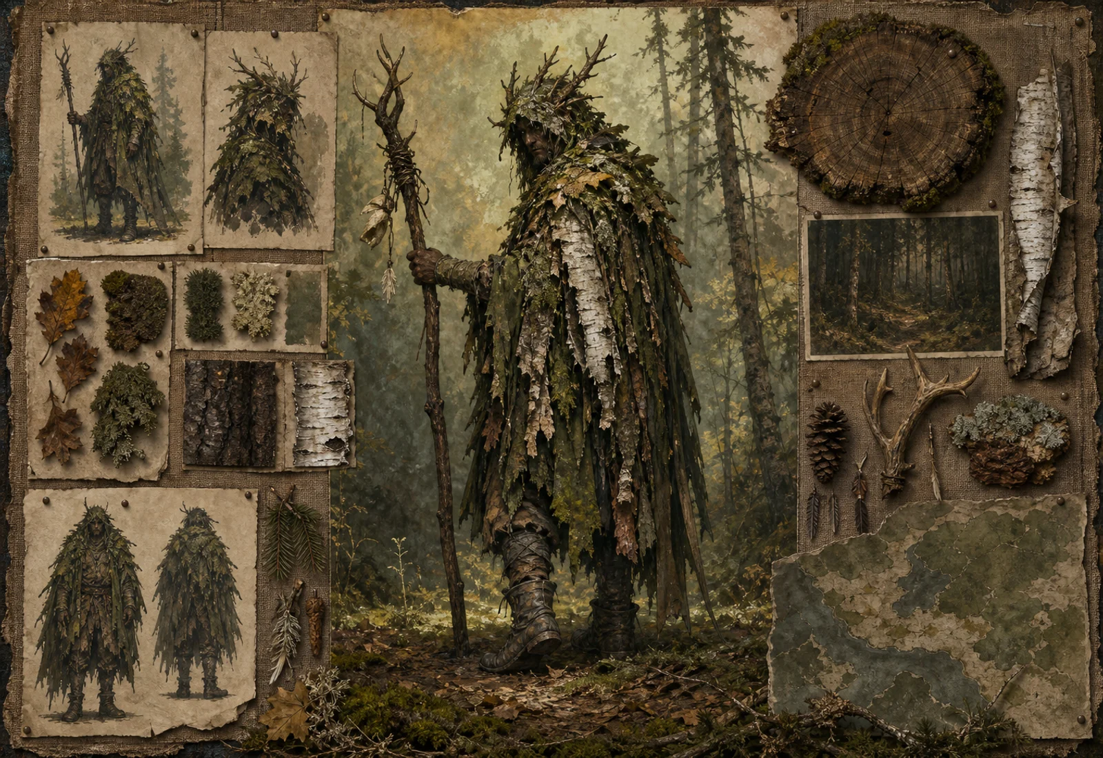 Archive reference plate of Leshy with a forest spirit figure, tree bark, moss, and woodland studies.