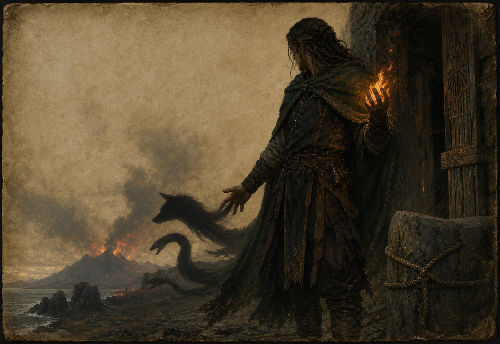 Archival-style trickster plate showing Loki as a dark figure with fire, shadow tendrils, bound chest, smoke, and coastal ruin studies.