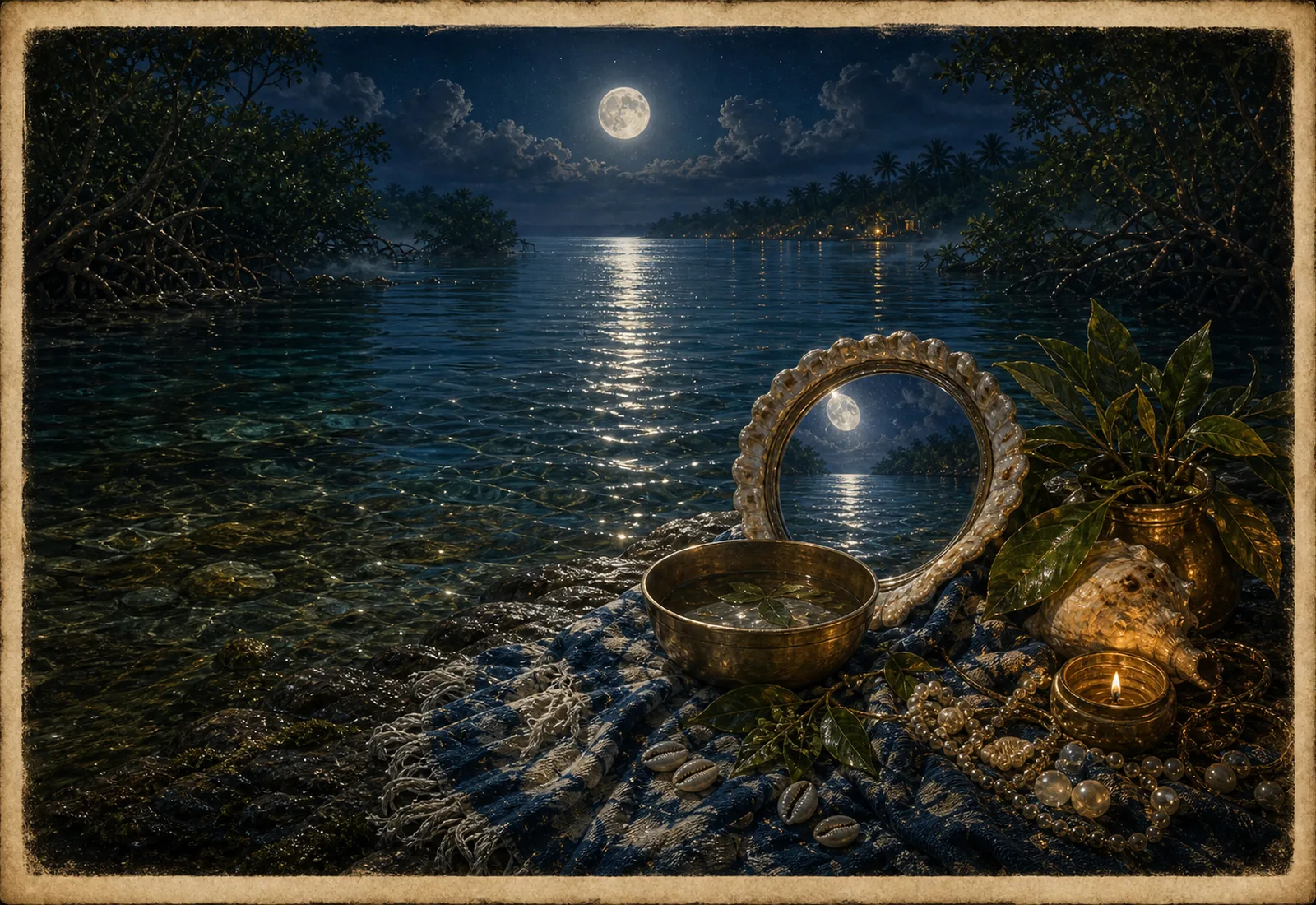 Archival-style water-spirit plate for Mami Wata with moonlit water, brass bowl, shell mirror, shoreline plants, and offering studies.
