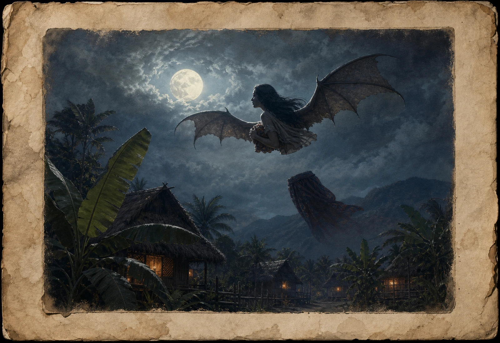 Archival-style moonlit village plate showing Manananggal as a distant winged night silhouette above huts, palms, and protective darkness.