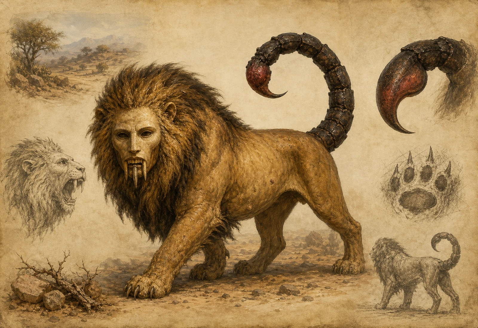 Archival-style bestiary plate showing a manticore with lion body, human-like mask, scorpion tail, paw print, and desert studies.