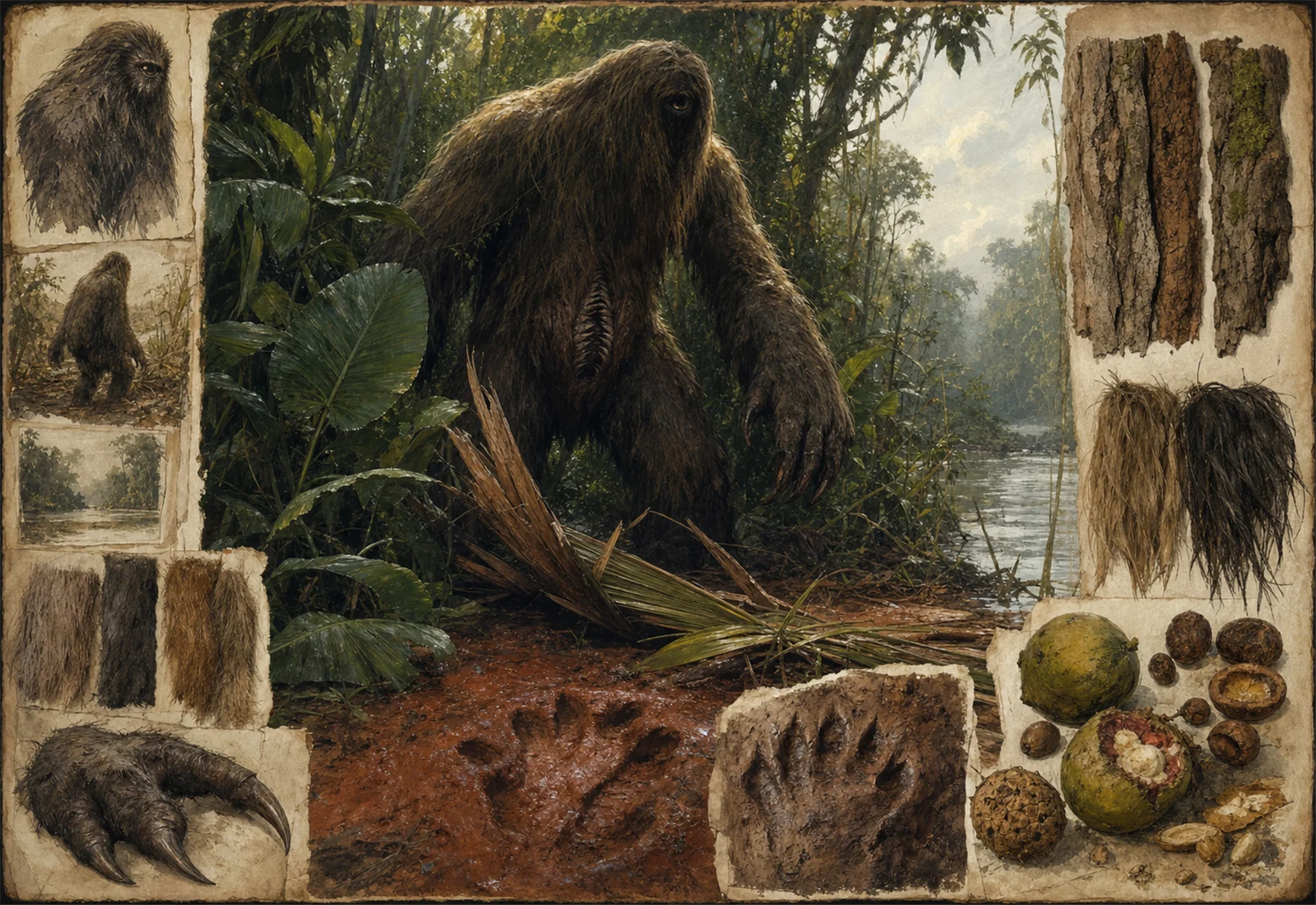 Archive reference plate of Mapinguari as a large forest cryptid with claw, fur, fruit, and rainforest studies.