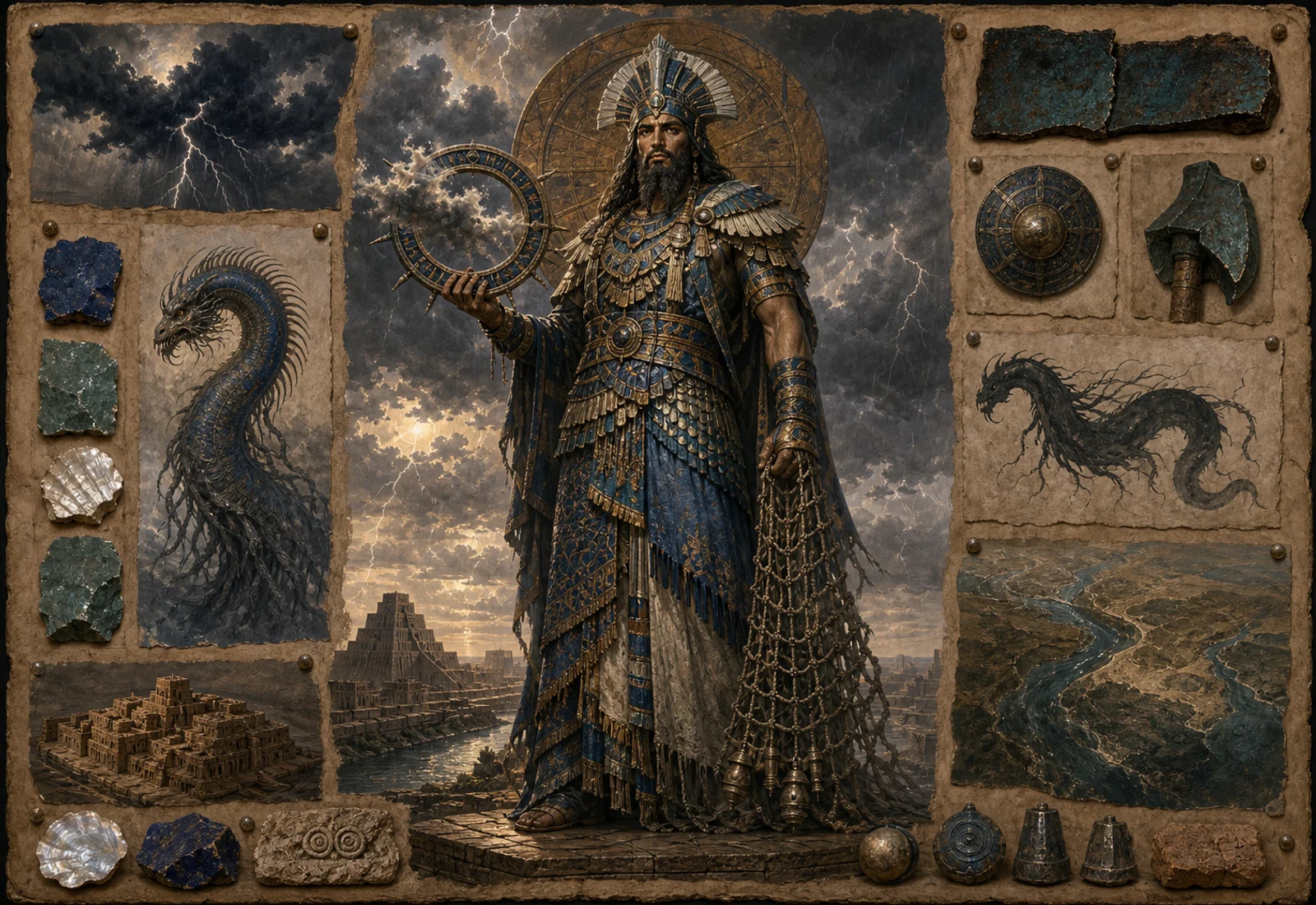Archive reference plate of Marduk with storm sky, serpent-like chaos fragments, and Babylonian landscape studies.