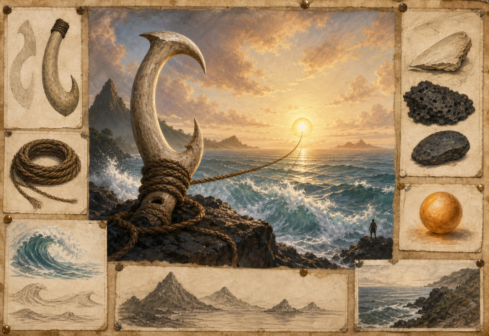 Archival-style ocean plate for Maui with a great fishhook, sunlit sea, island silhouettes, rope, and wave studies.