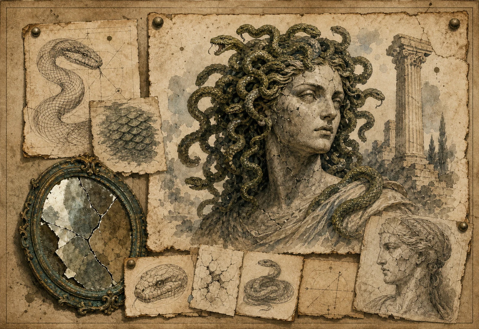 Archival-style illustration of Medusa symbols with restrained snake hair, a calm mask face, and a mirror shard.