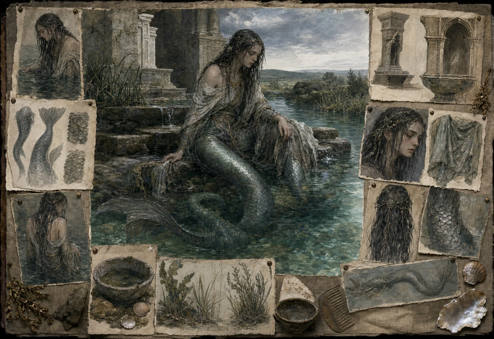 Archive reference plate of Melusine with a serpent-tailed water figure, stonework, fabric, and river studies.