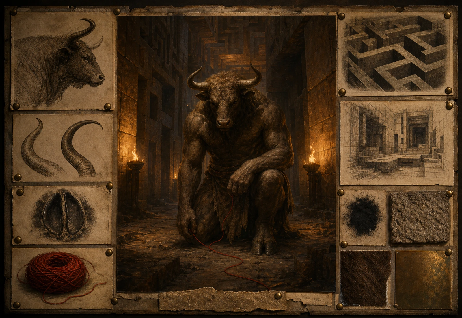 Archival-style labyrinth plate showing the Minotaur in a torchlit passage with horn, thread, stone, and maze studies.