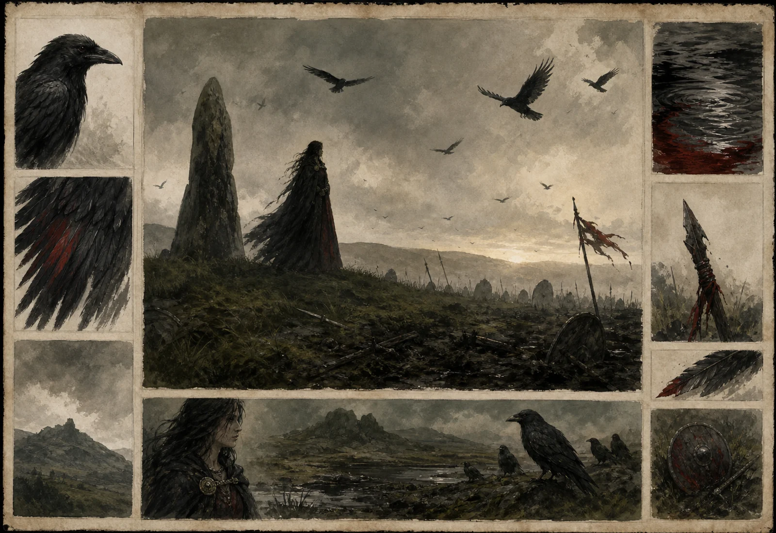 Archival-style battlefield plate showing the Morrigan through raven, storm, spear, bog, and medieval Irish landscape studies.