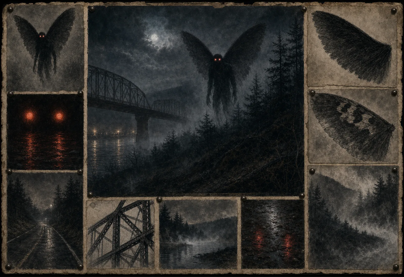Archival-style night plate showing Mothman near a bridge with wing, eye-glow, road, and riverside studies.