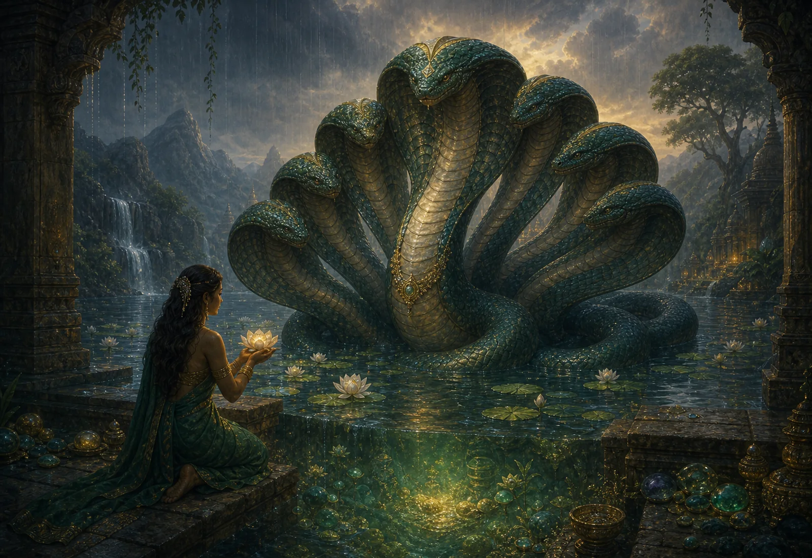 Archival-style water-serpent plate for Naga with many-headed cobra form, rain, river cave, jewel light, and guardian studies.