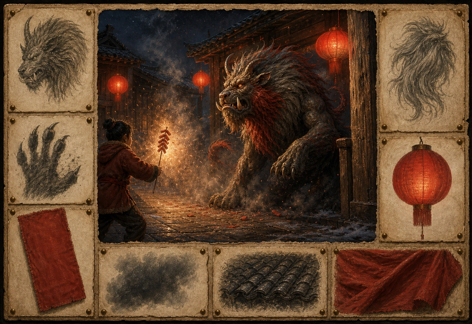 Archival-style village night plate showing Nian with red lanterns, fire glow, claw, scale, and fabric studies.