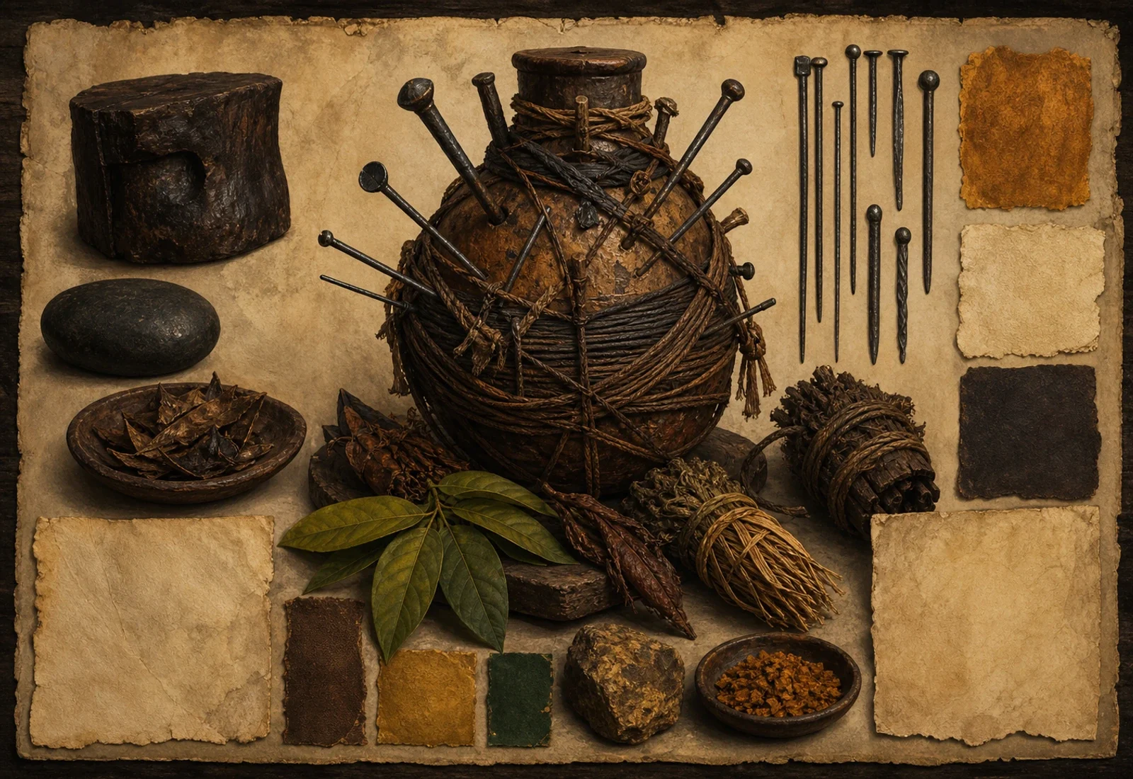 Archival-style power-object plate for Nkisi with wrapped vessel, pins, herbs, bowls, stones, and earth-toned oath studies.