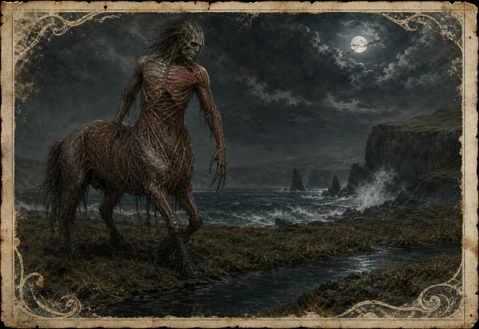 Archival-style Orkney coast plate showing Nuckelavee as a restrained sea-demon silhouette with storm, salt, and freshwater-boundary studies.