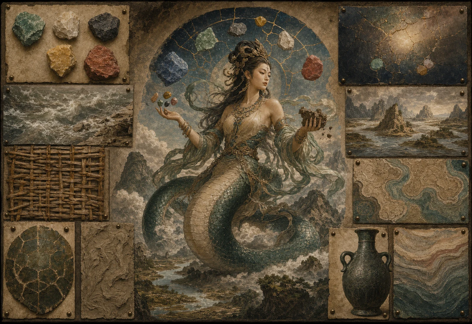 Archive reference plate of Nuwa with serpent-bodied creator imagery, colored stones, sky repair, and landscape studies.