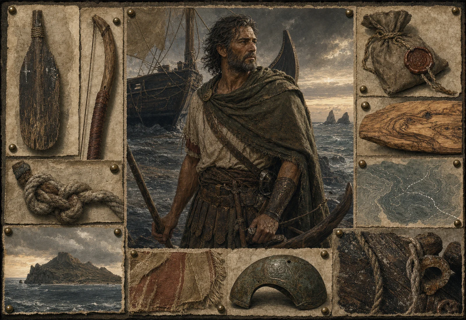 Archive reference plate of Odysseus with sea voyage, ship, rope, bow, island, and helmet studies.
