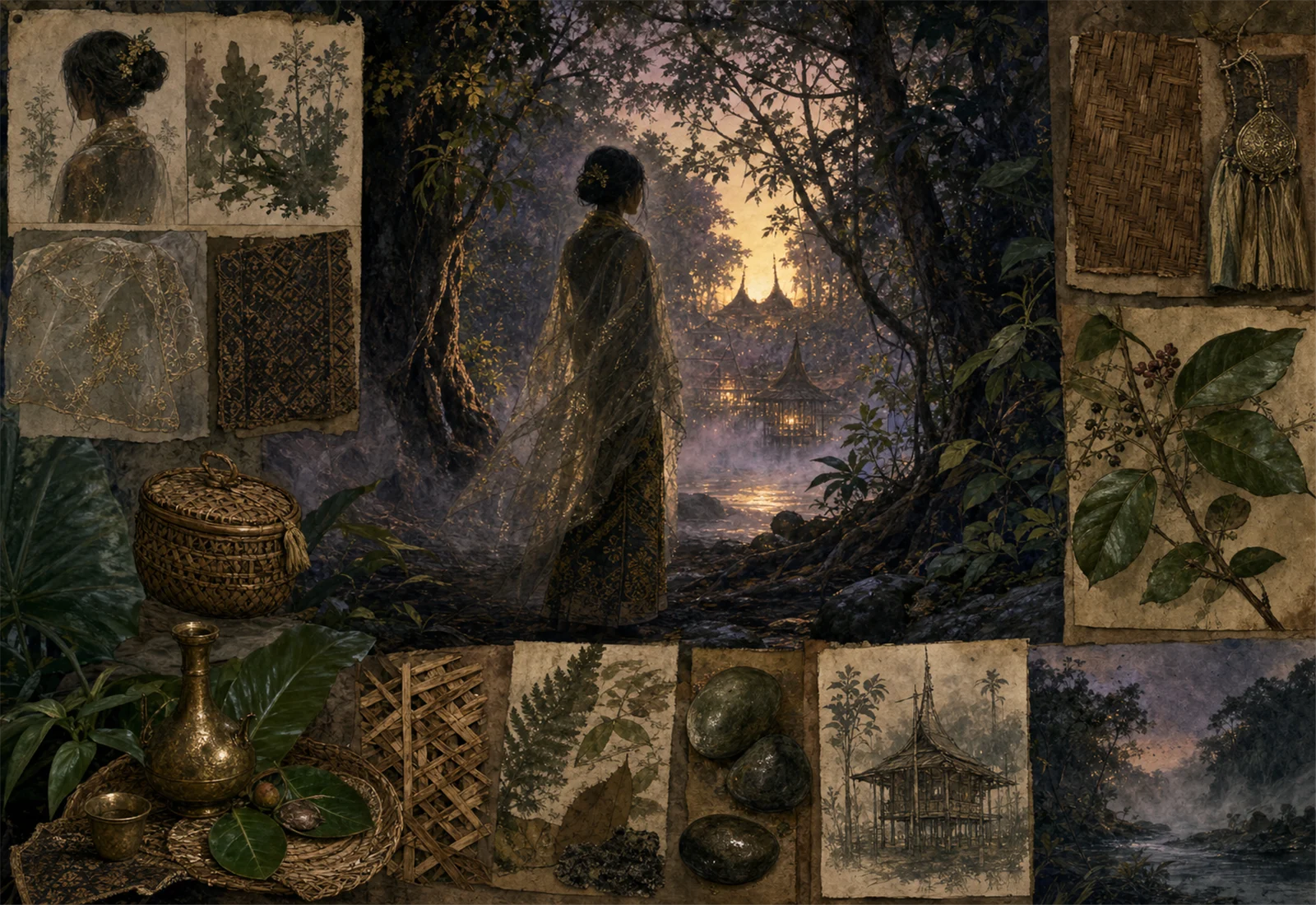 Archive reference plate of Orang Bunian with a hidden forest figure, threshold light, and plant studies.