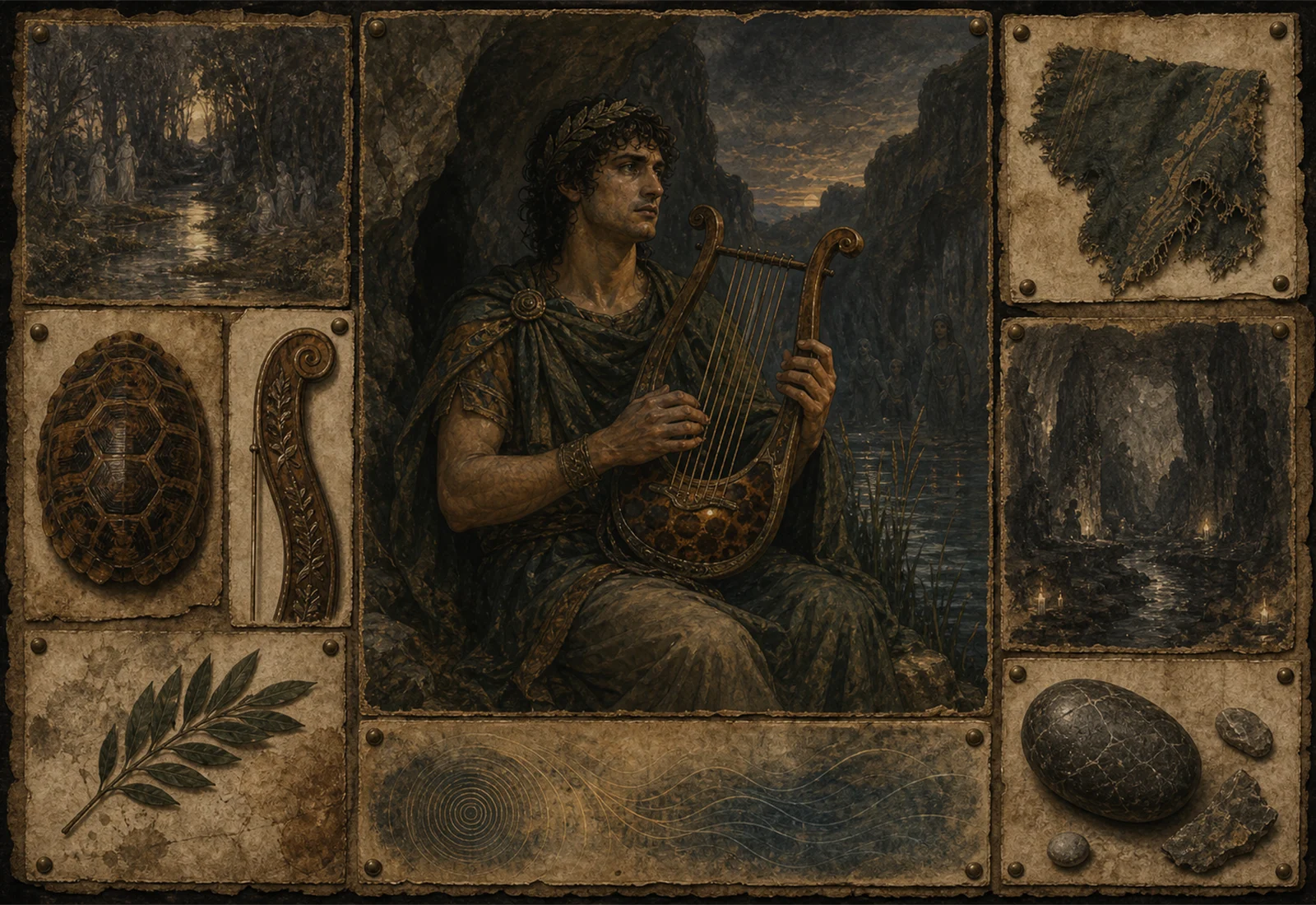 Archive reference plate of Orpheus with lyre, underworld river, laurel, stone, and music studies.