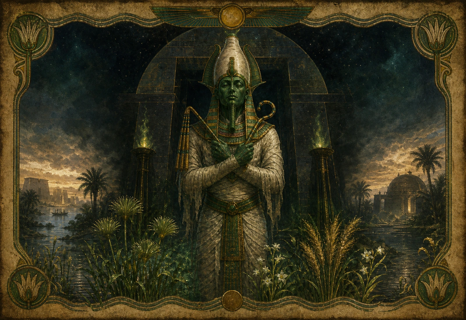 Archival-style Nile renewal plate showing Osiris through green rebirth, grain, river, throne, and underworld studies.