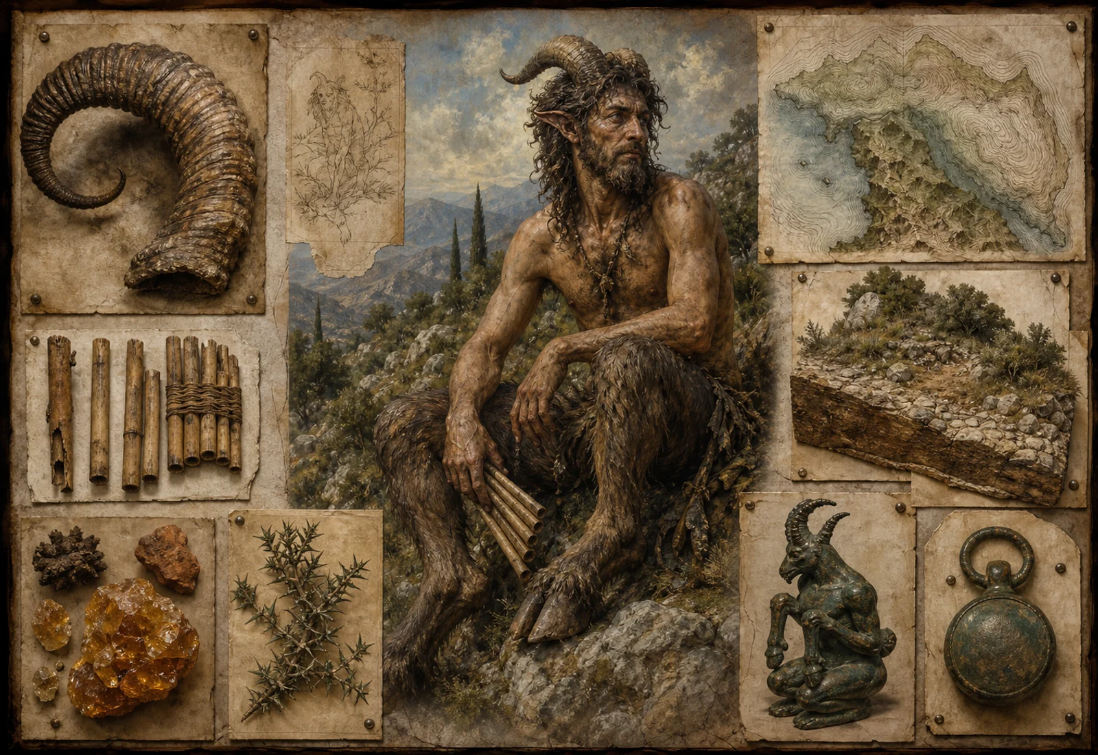Archive reference plate of Pan with rustic hill country, horn, reed pipe, hoof, and plant studies.