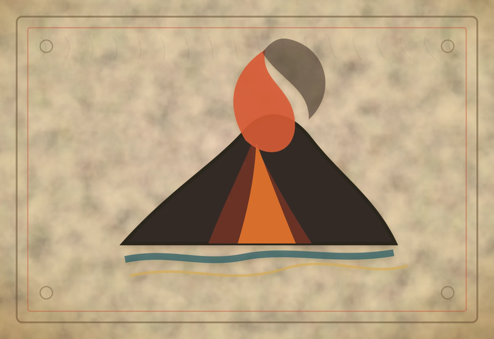 Archival-style illustration of a volcanic island with lava glow and a rising plume.
