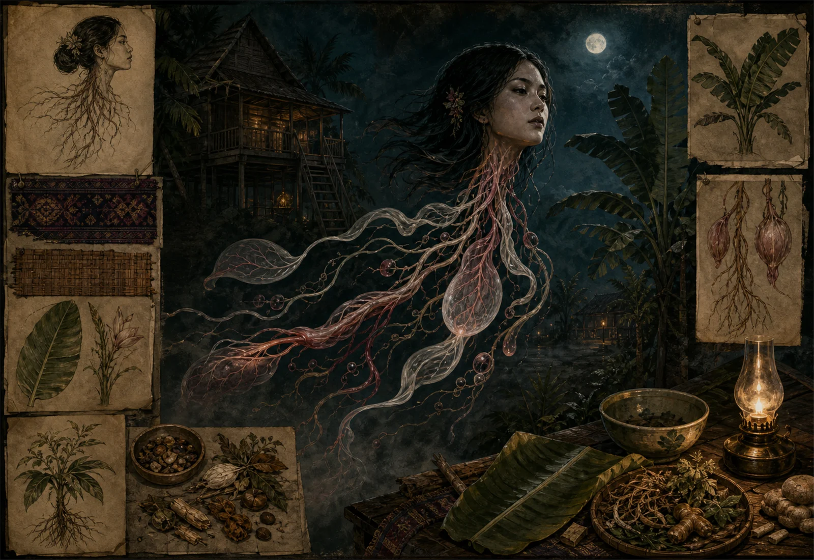Archive reference plate of Penanggalan as a spectral night figure with botanical and household studies.
