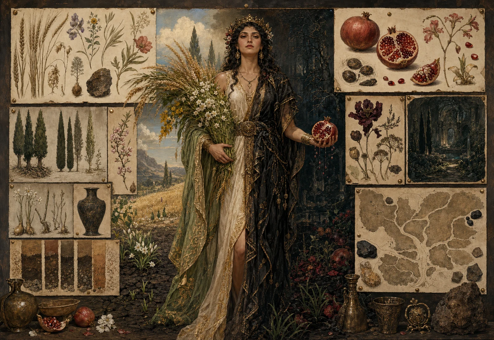 Archival-style seasonal-threshold plate for Persephone with pomegranate, flowers, grain, underworld doorway, and garden studies.